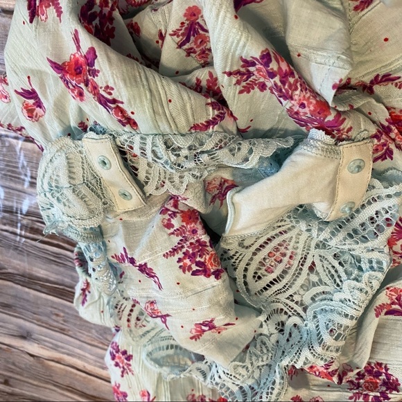 Free People Angela Floral Printed Square Neck Puff Sleeve Lace Bodysuit Blue XS - Picture 7 of 8
